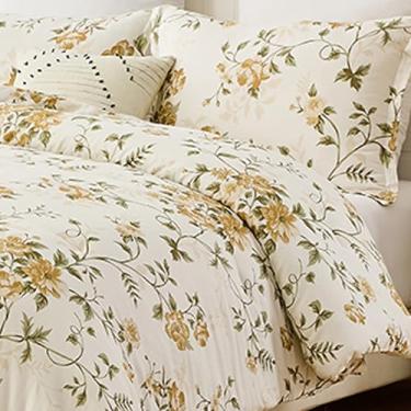 Imagem de SahSahCasa Conjunto de edredom King de algodão de fibra longa – Conjunto de cama de casal fofo para cama king, edredom leve acolchoado com padrão floral botânico, 264 x 228 cm, 3 peças, cáqui