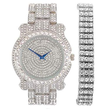 Imagem de Conjunto de pulseiras de tênis - pulseira hip hop tripla fileira brilhante com relógio masculino luxuoso prata gelado - L0504B 3RTennis S, mens, Aço inoxidável