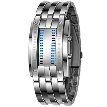 Imagem de Relógio de pulso masculino clássico banhado a aço inoxidável banhado a preto com LED digital azul quadrado binário à prova d'água, Prata