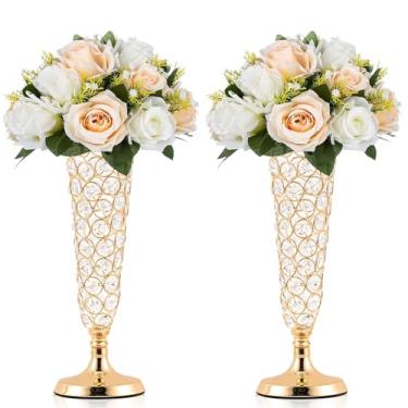 Imagem de Vaso trompete de cristal de 33 cm de altura Vaso de cristal de ferro forjado para casamento, centro de mesa, decoração de sala de estar, vaso de flores (2, dourado)