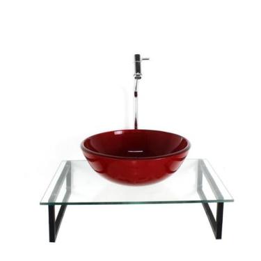 Imagem de Kit Cuba Vidro Redonda 10Mm Vermelho Ferrari Tampo 50Cm - Cubas E Gabi