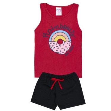 Imagem de Conjunto de Verão Infantil Feminino Regata Vermelha Donuts e Shorts Pr