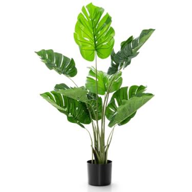 Imagem de Goplus Planta artificial Monstera Deliciosa, palmeira tropical falsa de 1,2 m de altura com 10 folhas de tartaruga diferentes, vaso de plástico cheio de cimento, planta de queijo suíço falso para