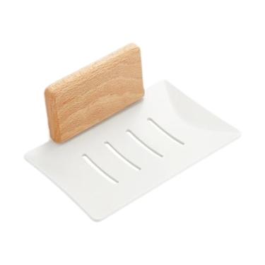 Imagem de SiaBiced Suporte para saboneteira pequeno decorativo drenável com escorredor de alumínio e bandeja de madeira autodrenante para banheiro, cozinha e chuveiro, Montado Na Parede