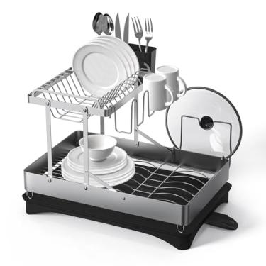 Imagem de DCCDU Escorredor de louça, escorredor de pratos dobrável de aço inoxidável de 2 camadas para balcão de cozinha, escorredor de pratos grande multifuncional com bico giratório, suporte de utensílios e