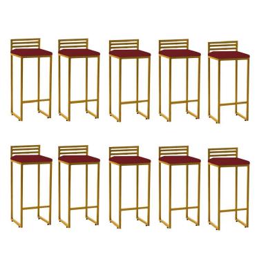 Imagem de Kit 10 Banqueta Alta Com Encosto Núria Balcão Ferro Dourado Corino Vermelho
