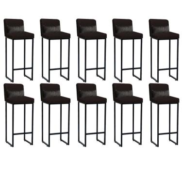 Imagem de Kit 10 Banqueta Alta Com Encosto Balcão Ferro Preto Sintético Marrom E Almofada Cinza