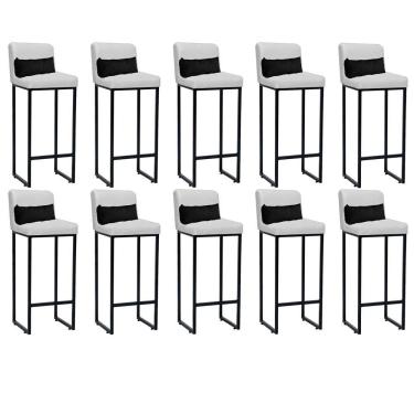 Imagem de Kit 10 Banqueta Alta Com Encosto Balcão Ferro Preto Sintético Branco E Almofada Cinza