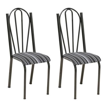 Imagem de Kit 2 Cadeiras De Cozinha Alasca Estampado Preto Listrado Pés De Ferro Cromo Preto - Pallazio
