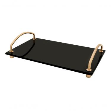 Imagem de Bandeja Decorativa Bancada Vidro Preto Alças Dourada 25x15cm