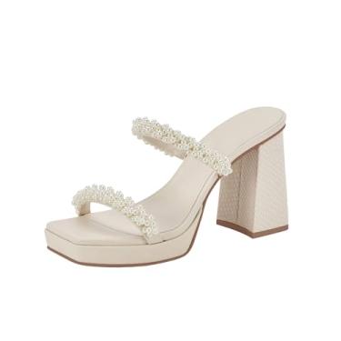 Imagem de Coutgo Sandálias Femininas Plataforma De Salto Alto Grosso Com Pérolas, Duas Tiras, Bico Quadrado, Sapatos Casamento, Bege, Tamanho 9