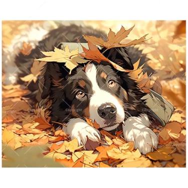 Imagem de Kit de pintura de cachorro por números para adultos – DIY Cozy Border Collie descansando em folhas de outono pintura em tela 40,6 x 50,8 cm, conjunto de tinta acrílica para iniciantes, arte para