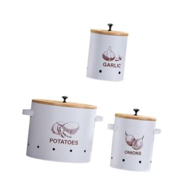 Imagem de IEUDNS Recipiente de cozinha com 3 peças para alho, batata e cebola, com orifícios de ventilação, latas rústicas, versáteis e resistentes para vegetais, para, Branco