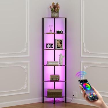 Imagem de Meoslss Prateleira de canto de 6 camadas com luz, estante de canto de 175 cm de altura com armazenamento, prateleiras de canto com moldura de metal de madeira para quarto, sala de estar, canto de