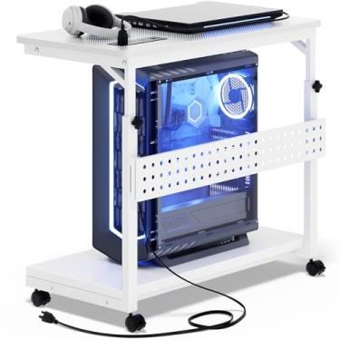 Imagem de Besiost Suporte de torre de computador com réguas de alimentação, 4 níveis de altura manual, suporte de torre de PC ajustável para embaixo da mesa, suporte móvel para CPU rolante, carrinho de
