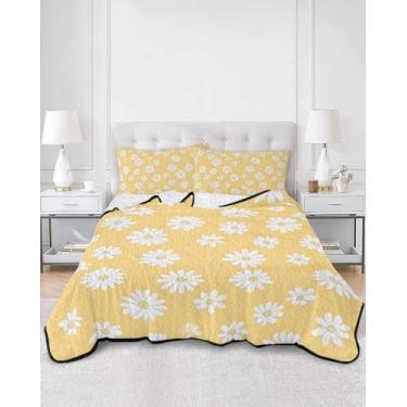 Imagem de Colchas de verão, tamanho casal, leve, acolchoado, margarida, floral, amarelo, conjunto de colcha para cama, primavera, verão, flores botânicas, texturizadas, roupa de cama com 2 fronhas 198 x 232 cm