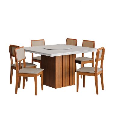 Imagem de Conjunto Sala de Jantar Amsterdã New c/ Mesa Tampo Giratório 6 Cadeiras Santiago Madeirado/Off White