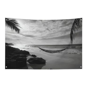 Imagem de Bandeira de praia preta e branca com quatro furos para decoração de parede bandeira de parede para dormitório bar bandeiras de festa ao ar livre 60 x 90 cm