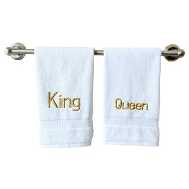 Imagem de Toalhas de mão brancas com monograma para banheiro - Toalha bordada inicial personalizada de qualidade de hotel de luxo para lavabo, spa - Certificado orgânico GOTS - Conjunto de 2 Gold King & Queen