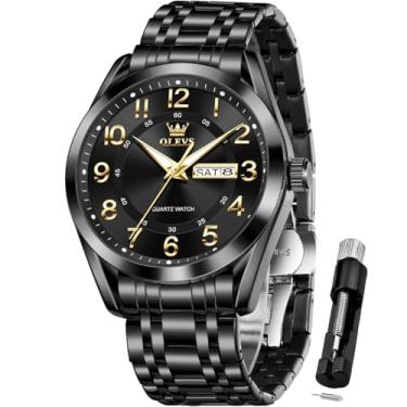 Imagem de OLEVS Relógios masculinos de negócios, numeração grande, fácil de ler, relógio de quartzo, aço inoxidável, à prova d'água, luminoso, data, casual, masculino, relógio todo preto, relógio masculino