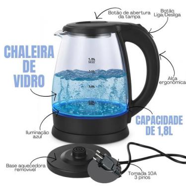 Imagem de Chaleira de Vidro Elétrica Potente 1.8 Litros com Luz Led Azul Resiste