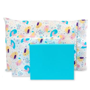 Imagem de Lençol Solteiro 3 Pçs Estampado Percal 180 Fios C/P. Palito (Canarinhos/Tiffany)