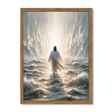 Imagem de Arte de parede cristã texturizada em 3D, pinturas de arenito de Jesus andando na água, I Will Walk with Christ, imagens religiosas para sala de estar, quarto, igreja, sala de oração, 30,5 x 40,6 cm