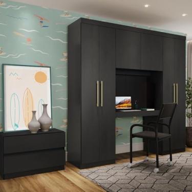 Imagem de Guarda Roupa Infantil 6 Portas 2 Gavetas Porto Preto com Escrivaninha