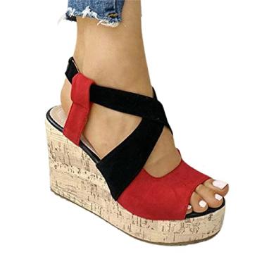 Imagem de Sandálias de cunha para mulheres verão, moda, dedo aberto, sandálias de plataforma boca de peixe, casual, antiderrapante, Alpercatas, para todos os tipos de roupas como Jean(Red,42 EU)