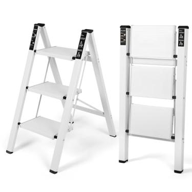 Imagem de FAHKNS Escada de 3 degraus, banqueta dobrável de alumínio com pedal antiderrapante resistente e largo, banco portátil com economia de espaço para casa e cozinha, banco de degrau para adultos, branco