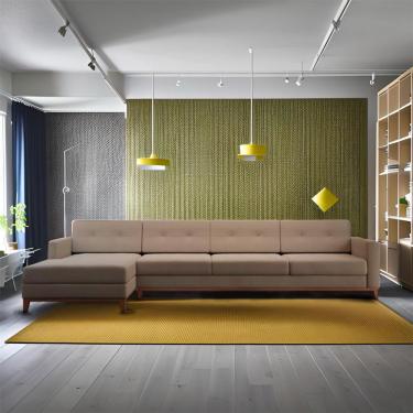 Imagem de Sofá 4 Lugares Eva com Chaise Esquerdo Pés e Base em Madeira Linho Cotton Bege
