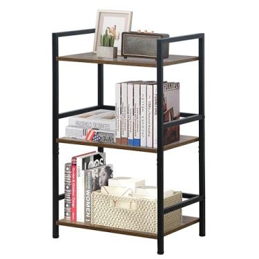 Imagem de LOFTEY Estante de livros pequena, estante curta industrial de 3 níveis, estante de metal aberta para sala de estar, quarto e escritório, marrom rústico