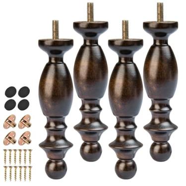 Imagem de Pernas de móveis de madeira maciça de 6,4 polegadas/16 cm, 4 peças de pernas de sofá de nogueira de madeira faça você mesmo com parafuso de gancho M8 roscado, placa de montagem e armário de parafuso