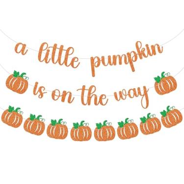 Imagem de Decorações de chá de bebê abóbora laranja glitter A Little Pumpkin Is On The Way Banner Tema de Ação de Graças Revelação de gênero foto adereço banner decoração para outono abóboras decoração de festa