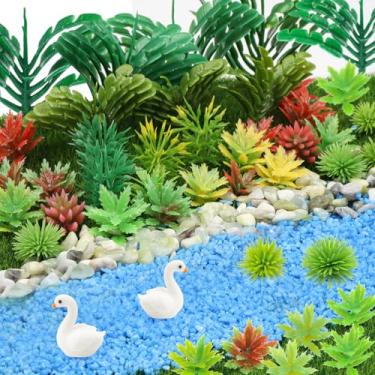 Imagem de QUOZUO 82 peças de plantas em miniatura árvores cenário de trem floresta tropical acessórios de jardim de fadas modelo ferroviário rio areia pedra artificial mini plantas parque jardim cena