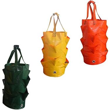 Imagem de Plantador de morango pendurado com alças, sacos de plástico para plantas de morango de 10 litros, sacos de armazenamento multiboca, sacos dobráveis e duráveis para cultivo de cultivo para plantar, vaso de raiz de morango (3 cores)