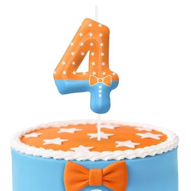 Imagem de Velas de aniversário número 4 azul laranja, topo de bolo com tema de desenho animado para decoração de bolo para meninos e meninas, decorações de aniversário, suprimentos de festa, velas com números