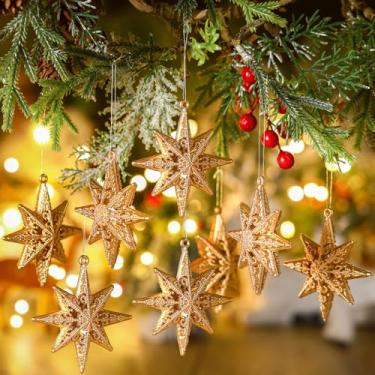 Imagem de Civaner 24 peças de enfeite de estrela de Belém para decoração de Natal de 8 pontas, enfeite de estrela com glitter dourado 3D, pingente suspenso de estrelas ocas para decoração de festa de Natal