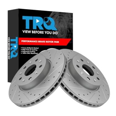 Imagem de TRQ Conjunto de rotores de freio dianteiro de desempenho premium G-Coated Slotted X Drilled Compatível com 2020-2023 Cadillac CT5 2014-2019 CTS 2016-2022 Chevrolet Camaro