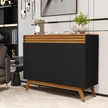 Imagem de Aparador Buffet 3 Portas 100% MDF Detalhe Ripado Pés De Madeira Maciça