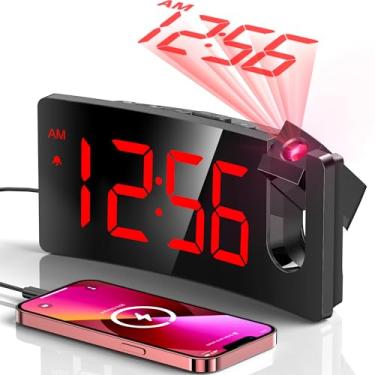 Imagem de Despertador de projeção, relógio digital com projetor rotativo de 180°, regulador de intensidade de brilho de 3 níveis, visor LED transparente, carregador USB, volume progressivo, soneca de 9 minutos,