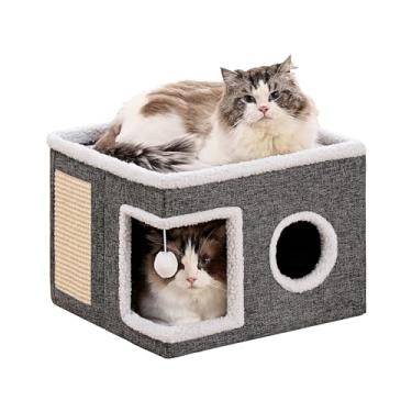 Imagem de Casa de Gato Dobrável, Cama para Gato, Toca para Gatos, Casinha para Gatos, 40,6 X 40,6 X 30cm, Suporta até 13kg, com Colchão Aconchegante, Pompom Pendurado, Janela Redonda
