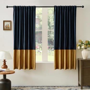 Imagem de Cortinas de veludo para sala de estar azul marinho dourado 160 cm de comprimento, 2 painéis, cortinas blackout modernas com bloco de cores, bolso traseiro para varão, cortinas à prova de som, para