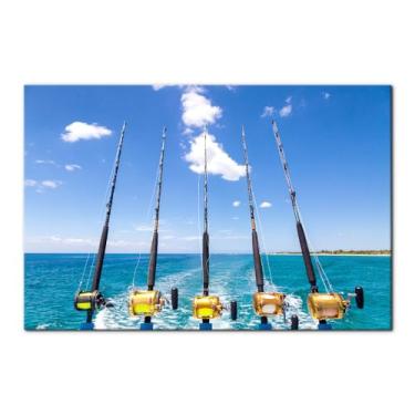 Imagem de Pacimo Arte de parede de equipamento de pesca para sala de estar, cinco canas de pesca, decoração de parede, azul, paisagem, pôsteres, pintura, arte, escritório, decoração de casa, esticável e
