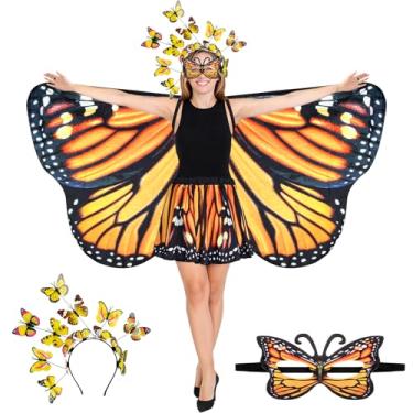 Imagem de Rngmsi Fantasia de xaile de asas de borboleta – laranja preta com estampa dupla face, capa de asa de borboleta com faixa de cabeça, conjunto de saia para mulheres, acessório para fotos de cosplay