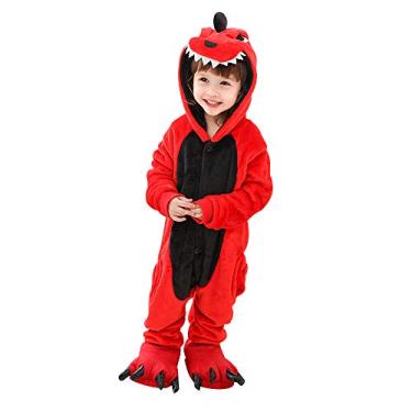 Imagem de Fanhong Pijama infantil de dinossauro, fantasia de Halloween, Natal, cosplay, pijama de lã de pelúcia, Dinossauro vermelho, 8-9 Anos
