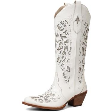 Imagem de SaraIris Botas de cowboy pretas femininas botas de cowboy botas ocidentais salto grosso bico fino pull on strass botas de cano alto no joelho, 1 Branco, 37