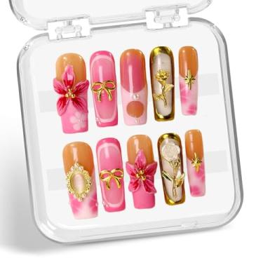 Imagem de Unhas postiças quadradas longas feitas à mão, unhas postiças francesas com rosa dourada e flor 3D, laço de pérola luxuoso, design de unhas de acrílico espessas, capa completa, prensa de flores para
