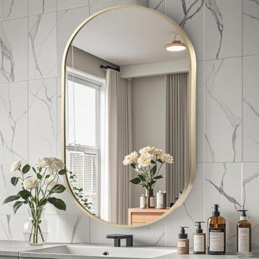 Imagem de CLBA Espelho oval de banheiro de 56 x 76 cm, espelho oval dourado, espelho de parede com moldura de metal escovado, espelhos ovais para banheiro, entrada, pia, sala de estar