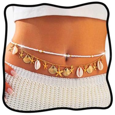 Imagem de Urieo Corrente de cintura com contas, joia de corpo de ouro, estrela-do-mar, correntes de barriga em camadas para mulheres (pacote com 2), Total length 27.5in+7.87in, liga metálica, Liga metálica.